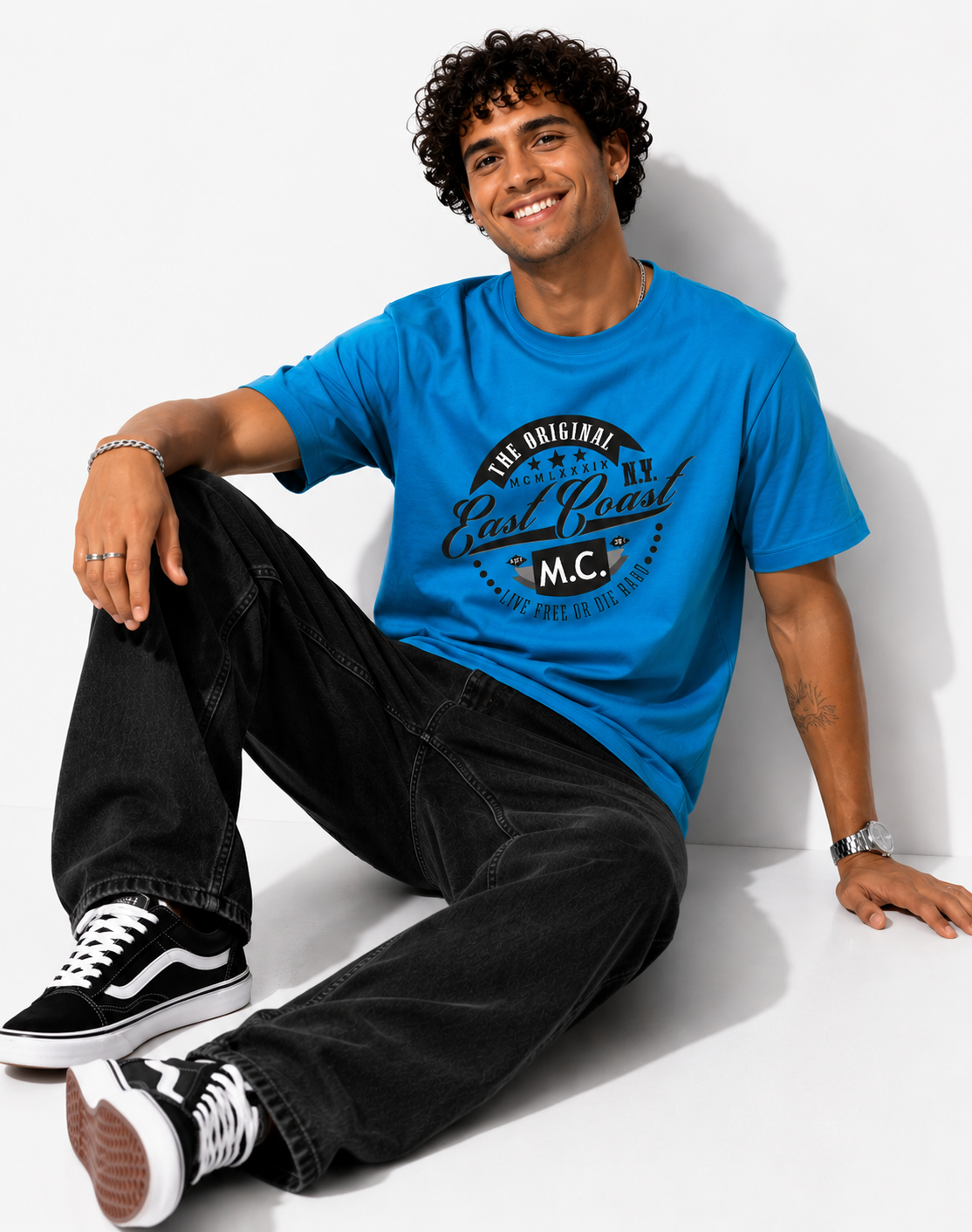 SNUBBY Men's Turquoise East Coast M.C. Graphic Printed 100% Pure Cotton Regular Fit T-Shirt