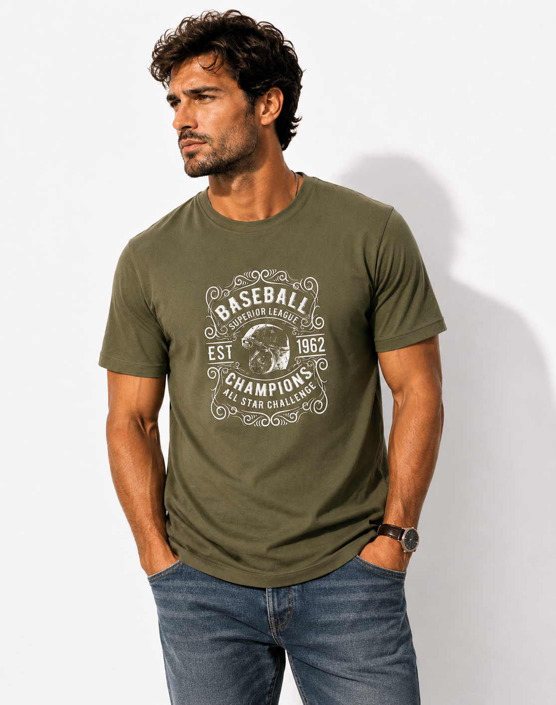 SNUBBY Men's Olive Baseball Champions Graphic Printed 100% Pure Cotton Regular Fit T-Shirt