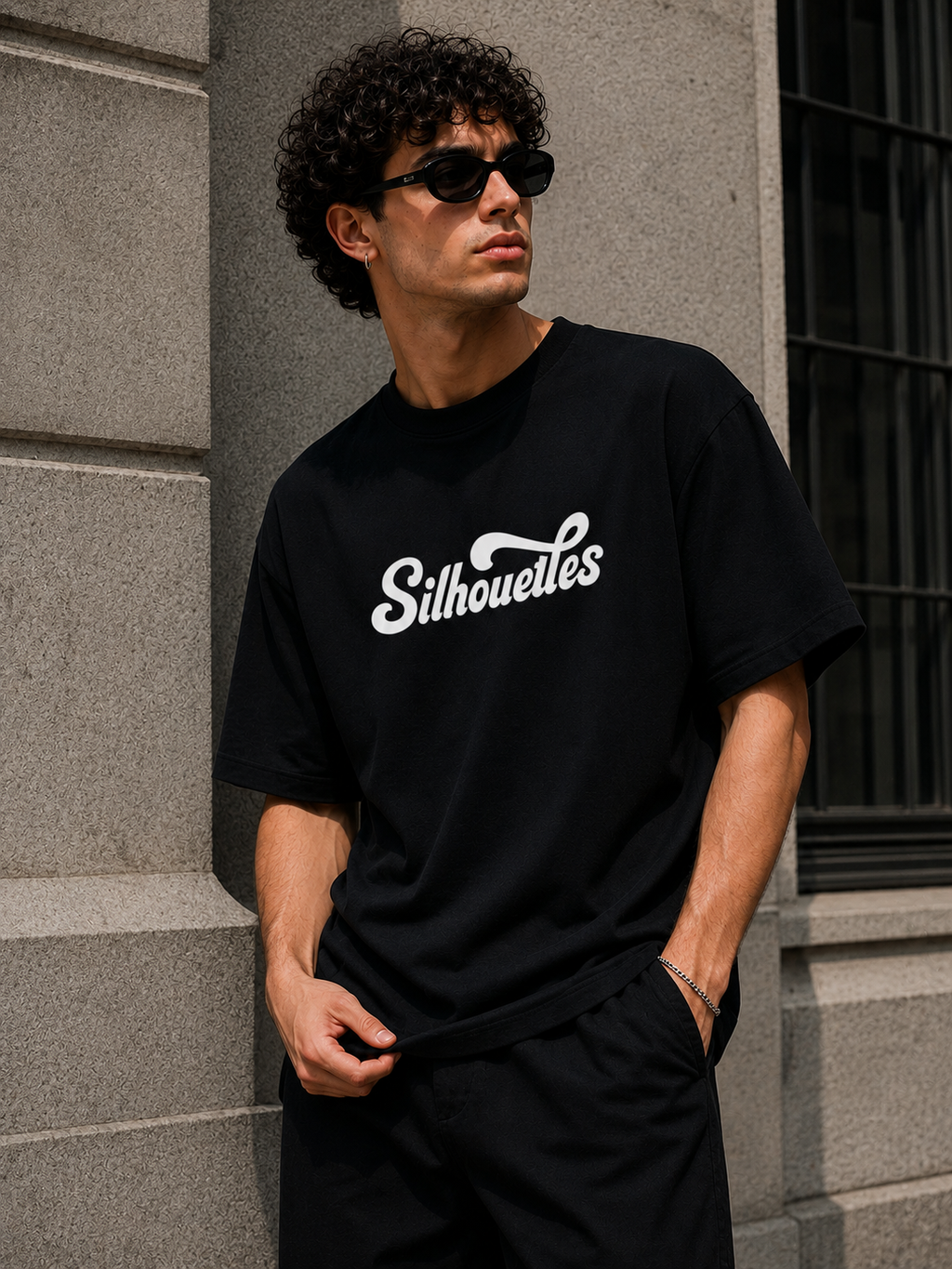 SNUBBY Men's Black "Silhouettes" Minimal Typography Premium Cotton Lycra 200 GSM Oversized T-Shirt