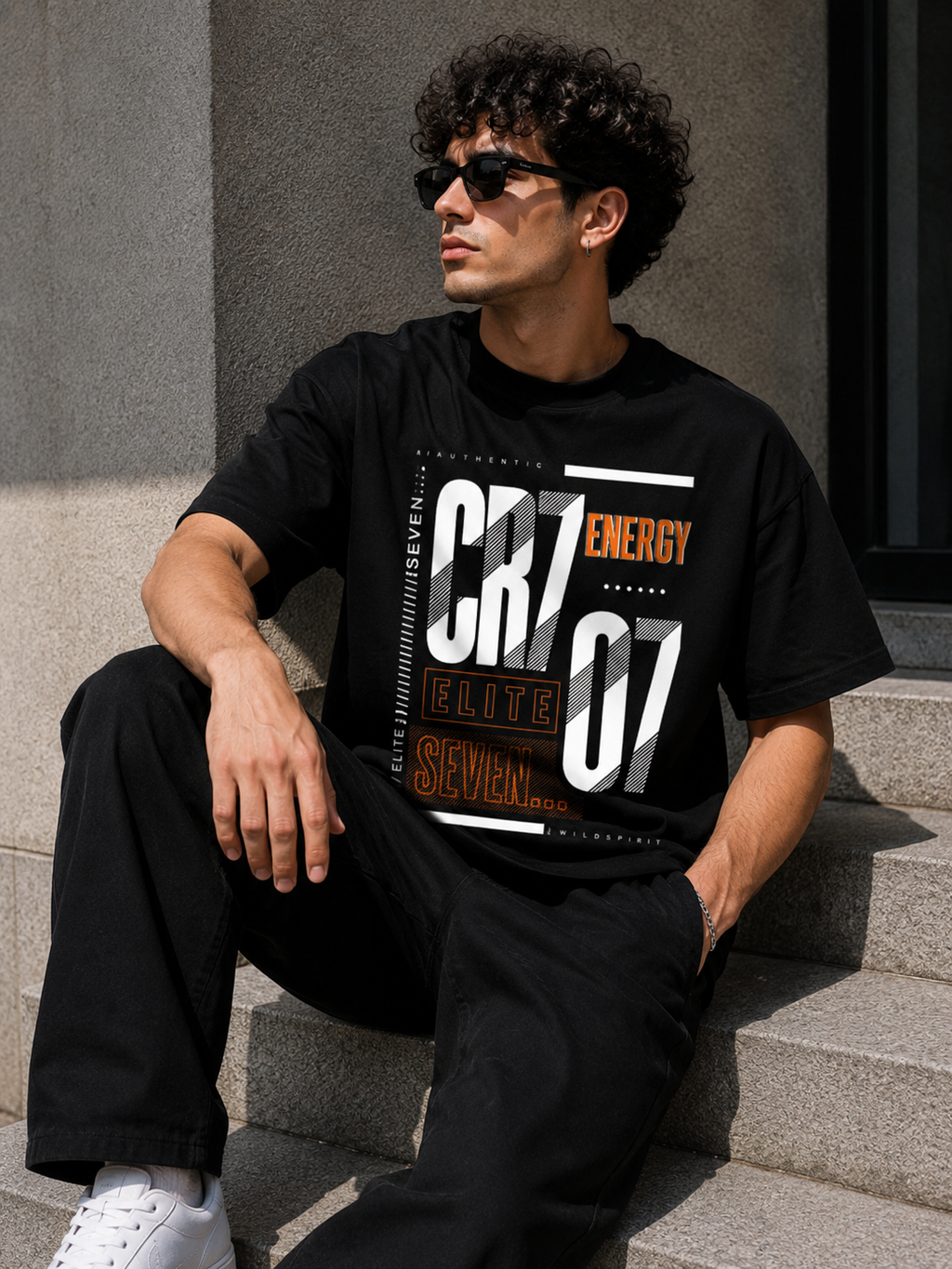 SNUBBY Men's Black "CR7 Elite Energy" Graphic Printed Premium Cotton Lycra 200 GSM Oversized T-Shirt