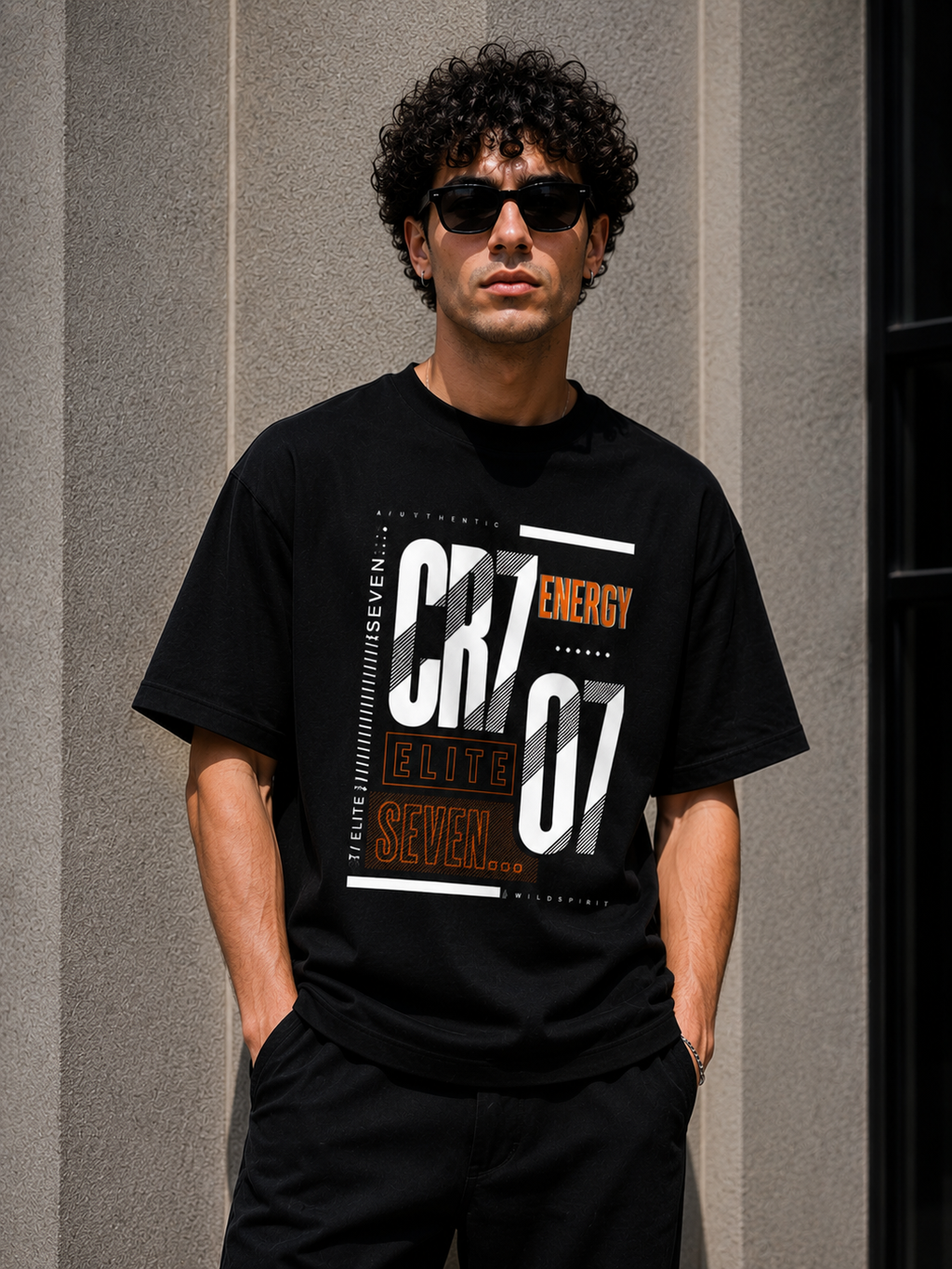 SNUBBY Men's Black "CR7 Elite Energy" Graphic Printed Premium Cotton Lycra 200 GSM Oversized T-Shirt