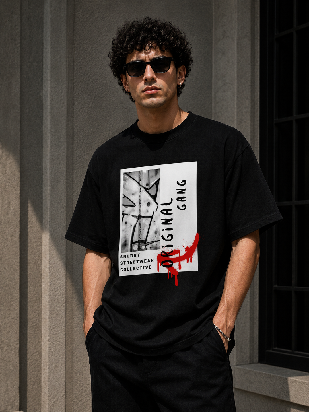 SNUBBY Men's Black Original Gang Graphic Printed Premium Cotton Lycra Oversized T-Shirt