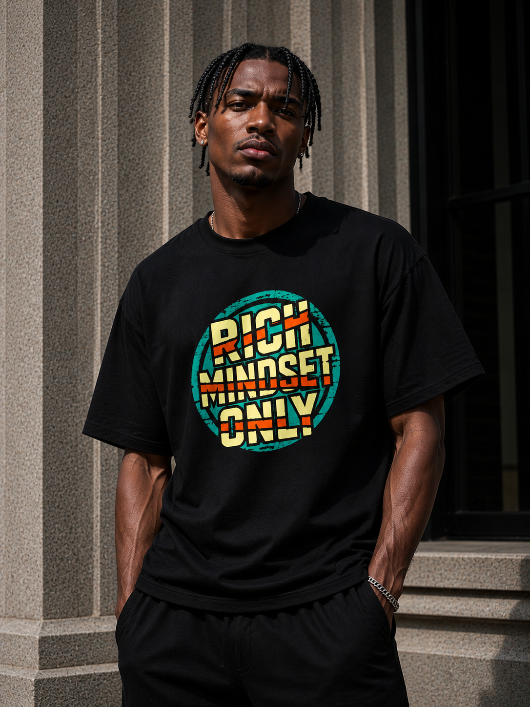 SNUBBY Men's Black "Rich Mindset Only" Graphic Printed Premium Cotton Lycra 200 GSM Oversized T-Shirt