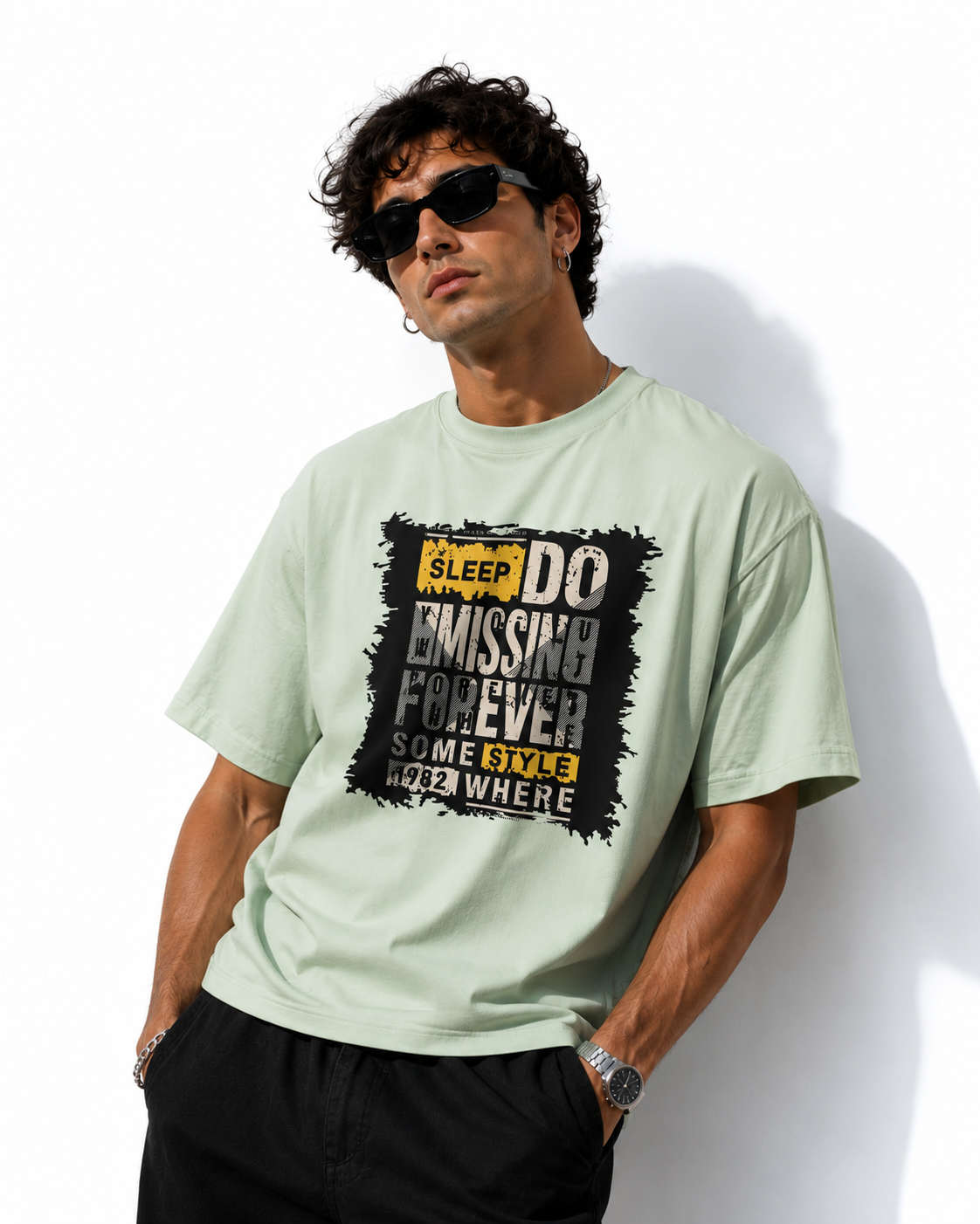 SNUBBY Men's Pista Green Sleep Do Forever Typography Printed Premium Cotton Lycra 200 GSM Oversized T-Shirt