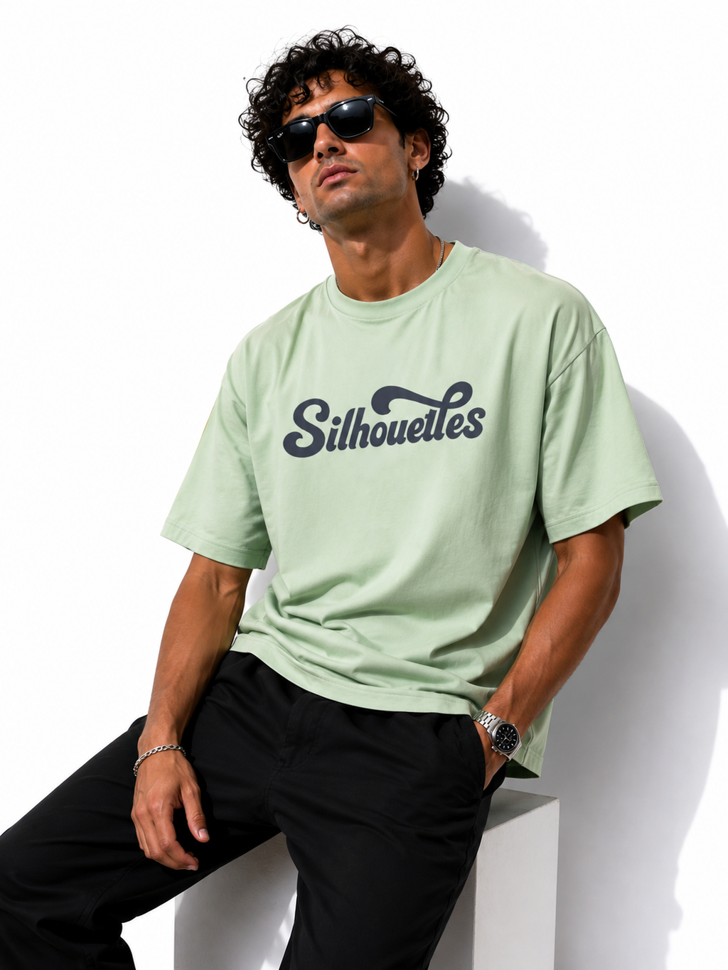 SNUBBY Men's Pista Green Silhouettes Typography Printed Premium Cotton Lycra 200 GSM Oversized T-Shirt