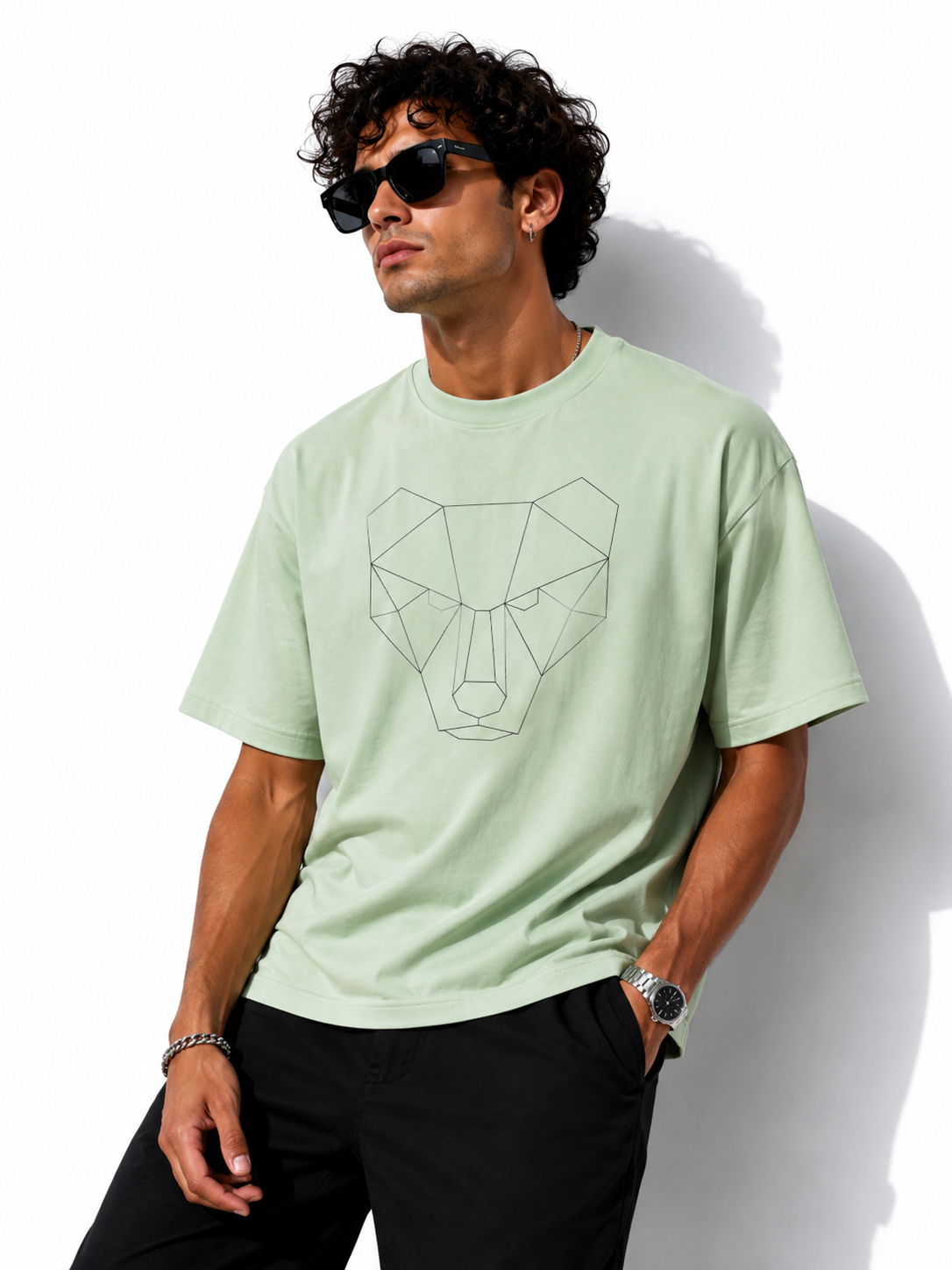 SNUBBY Men's Pista Green Geometric Panther Graphic Printed Premium Cotton Lycra 200 GSM Oversized T-Shirt