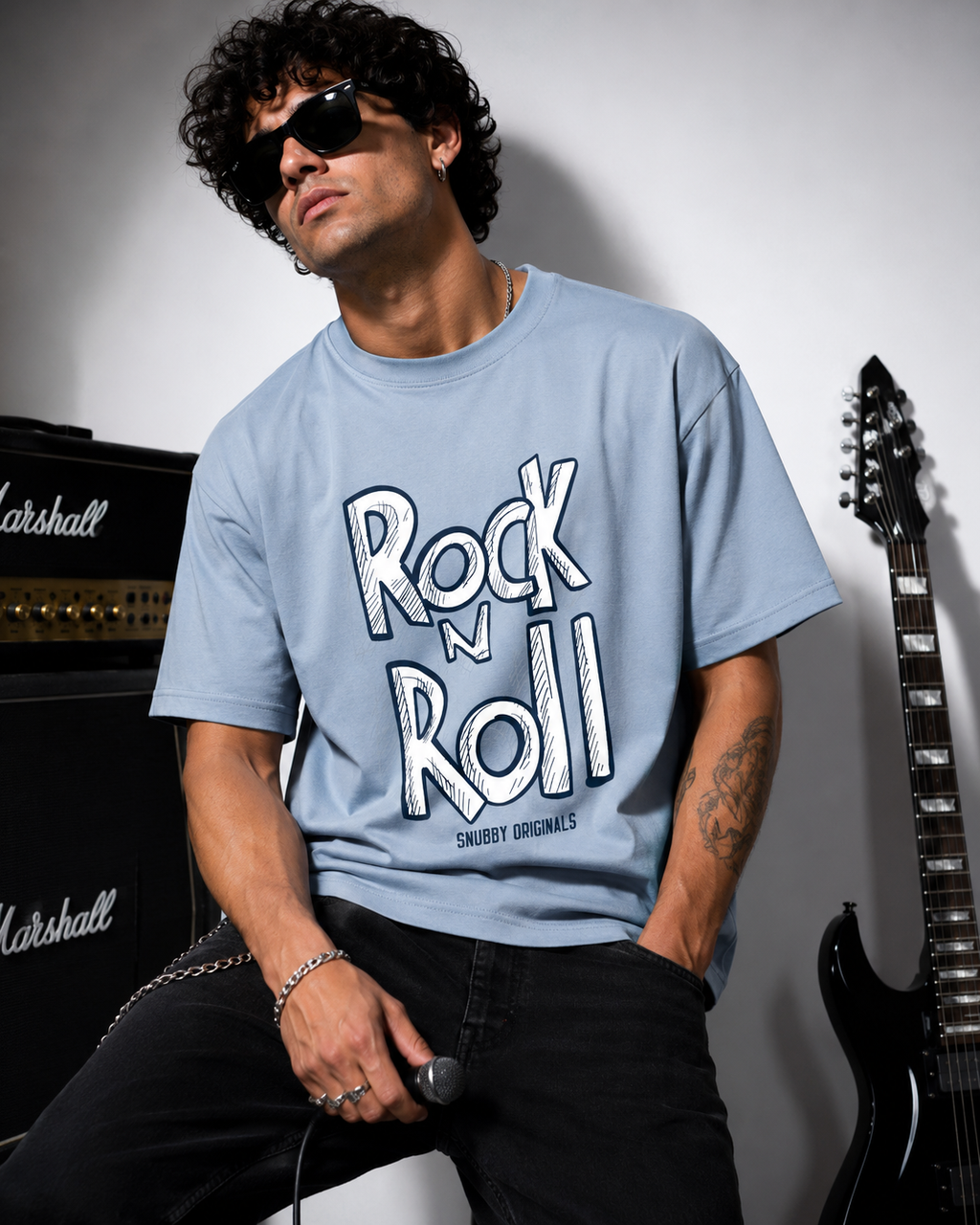 SNUBBY Men's Sky Blue Rock N Roll Typography Printed Premium Cotton Lycra 200 GSM Oversized T-Shirt