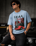 SNUBBY Men's Sky Blue Fear City Graphic Printed Premium Cotton Lycra 200 GSM Oversized T-Shirt