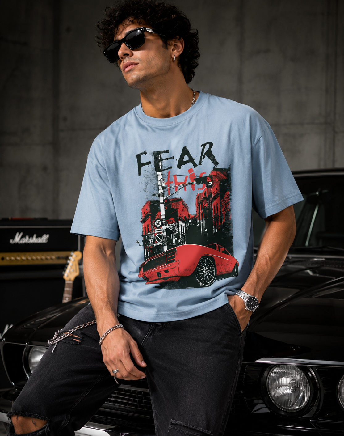 SNUBBY Men's Sky Blue Fear City Graphic Printed Premium Cotton Lycra 200 GSM Oversized T-Shirt