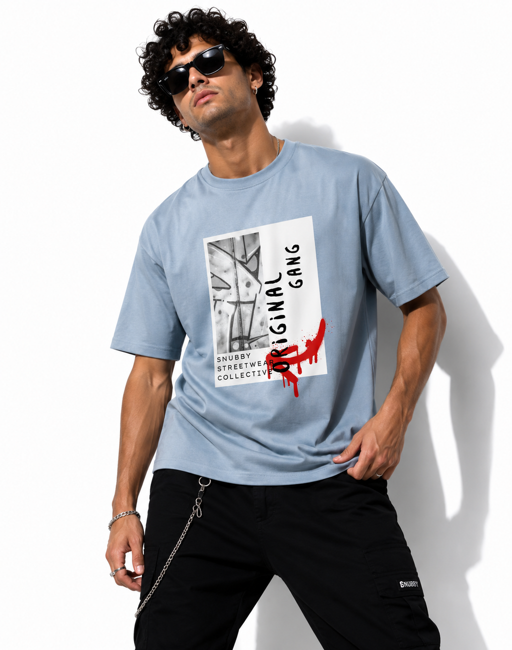 SNUBBY Men's Sky Blue Original Gang Graphic Printed Premium Cotton Lycra 200 GSM Oversized T-Shirt