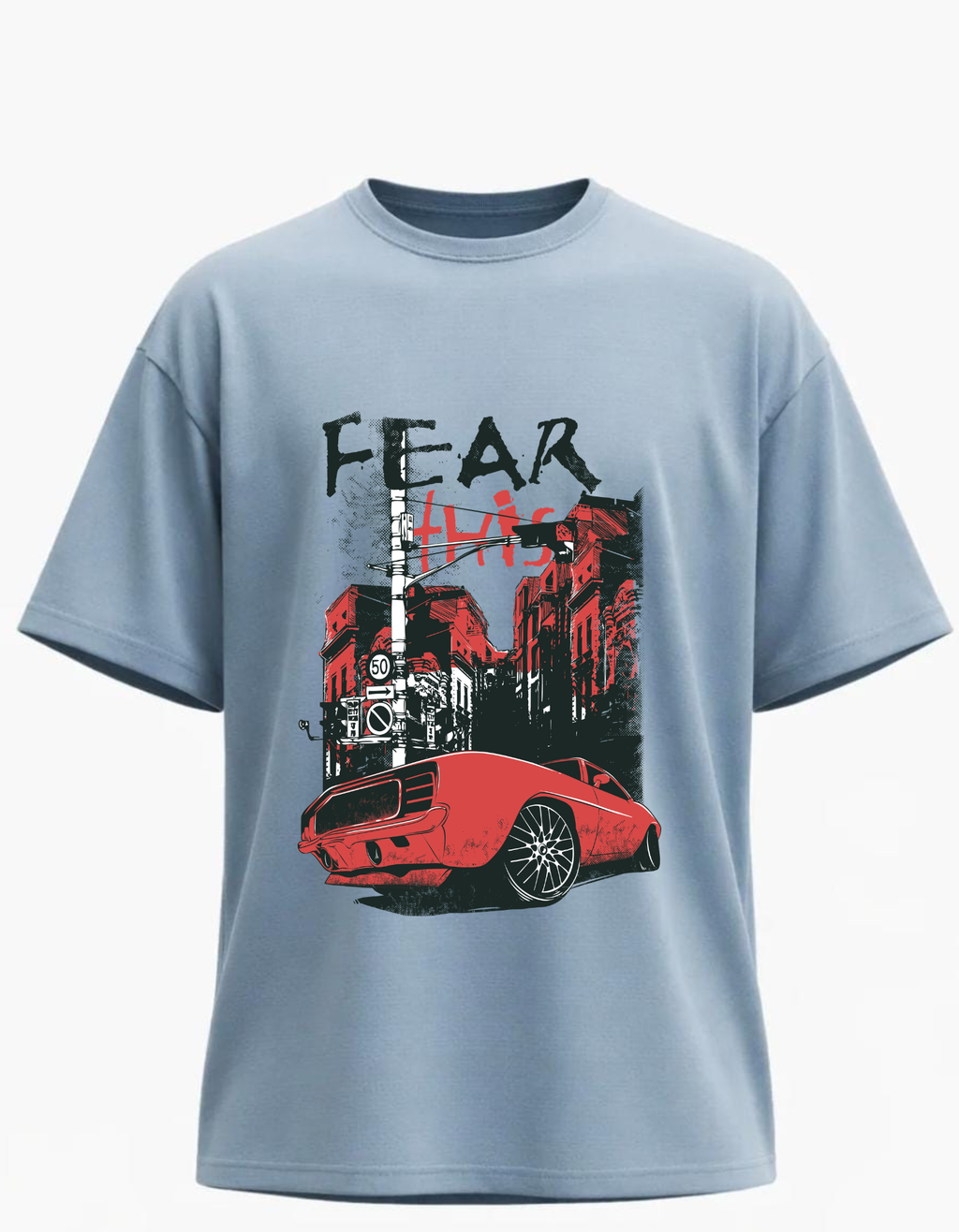 SNUBBY Men's Sky Blue Fear City Graphic Printed Premium Cotton Lycra 200 GSM Oversized T-Shirt