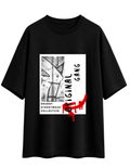 SNUBBY Men's Black Original Gang Graphic Printed Premium Cotton Lycra Oversized T-Shirt