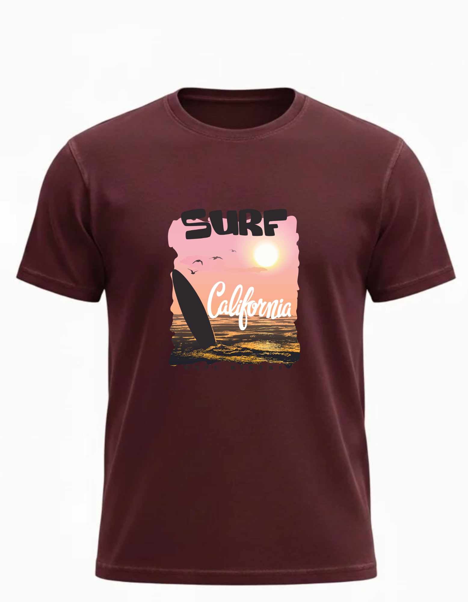 SNUBBY Men's Maroon Surf California Graphic Printed 100% Pure Cotton Regular Fit T-Shirt