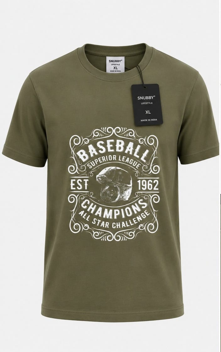SNUBBY Men's Olive Baseball Champions Graphic Printed 100% Pure Cotton Regular Fit T-Shirt